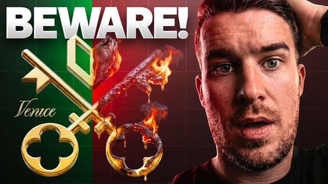 YouTube thumbnail with 'BEWARE!' text and a Venetian flag graphic, showing a man with a concerned expression next to a flaming key symbol.