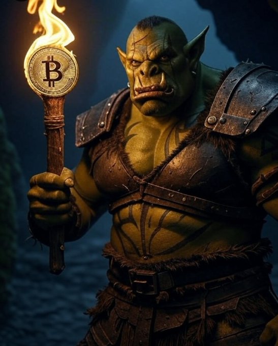 A fierce green-skinned orc warrior in rugged leather and metal armor clutches a flaming torch topped with a gold Bitcoin emblem, capturing the rugged symbolism of the "$MfT SOBs" post and its defiant crypto energy.