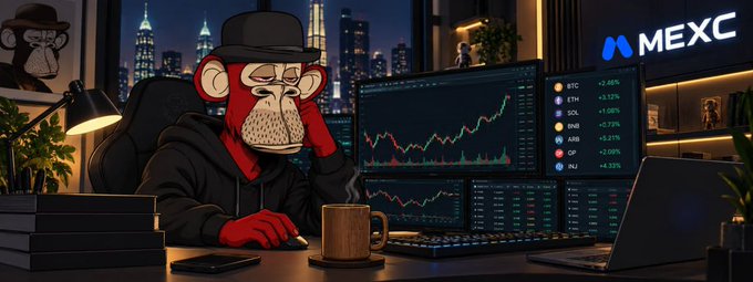 An illustration of a Bored Ape-style monkey in a black hoodie and cap trading cryptocurrencies at a multi-monitor desk, with the MEXC exchange logo visible and various crypto tickers (BTC, ETH, SOL, BNB, ARB, OP, INJ) shown on screen.