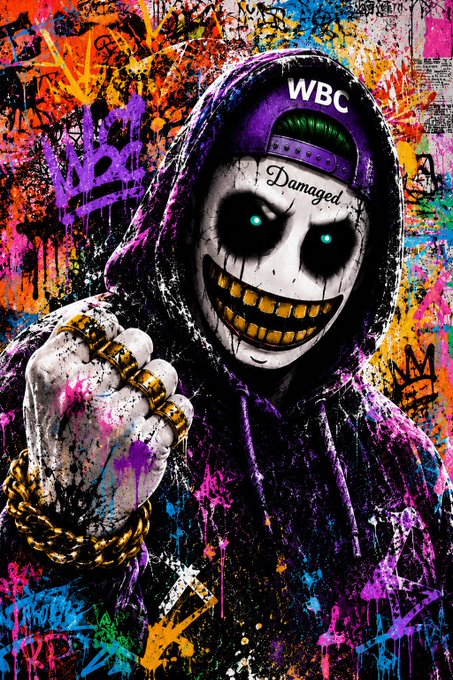 A stylized graffiti illustration features a hooded figure wearing a skull mask with glowing blue eyes and a gold-grilled smile, accessorized with a purple cap reading 'WBC', a gold chain, and 'Damaged' written on the forehead.
