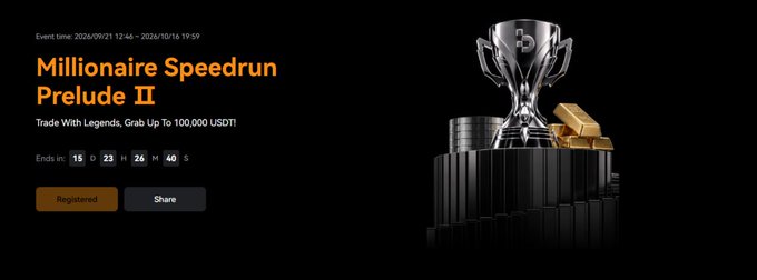 A sleek promotional banner for "Millionaire Speedrun Prelude II" running from 2026/09/21 to 2026/10/16, offering up to 100,000 USDT for trading, featuring a silver trophy alongside stacks of coins and gold bars against a black background. The image reinforces the post's endorsement of Bitbase by visually aligning with the excitement and reward potential of active crypto futures trading.