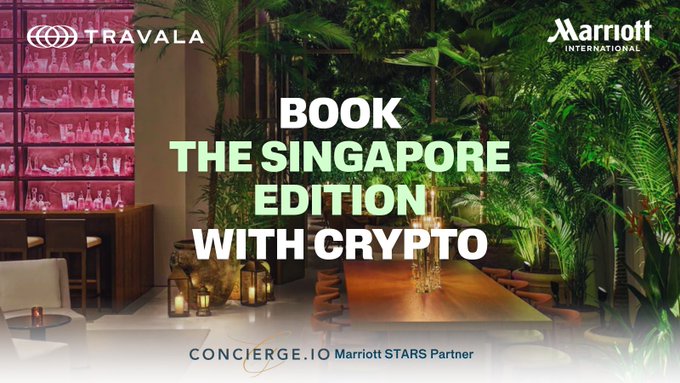 An advertisement reading 'BOOK THE SINGAPORE EDITION WITH CRYPTO' featuring Travala and Marriott International logos in a lush restaurant setting.