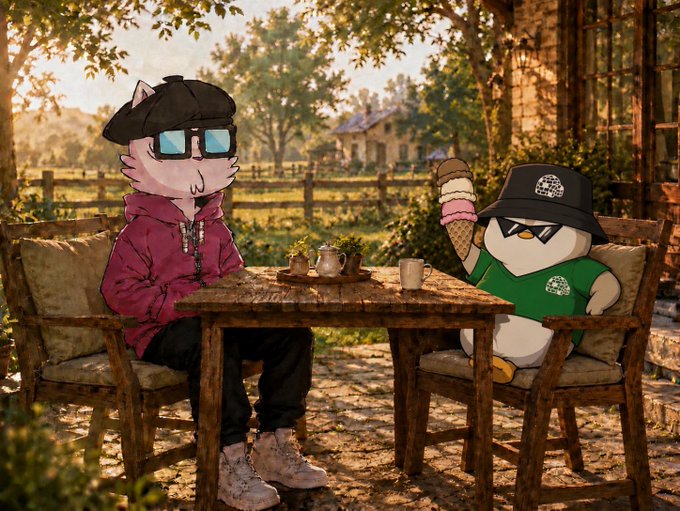 An illustrated scene of two anthropomorphic characters - a cat wearing sunglasses and a pink hoodie, and a penguin in a bucket hat - sitting at a wooden table outdoors enjoying ice cream.