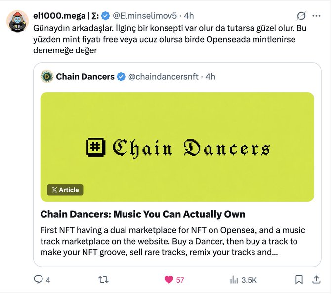 A Turkish-language tweet by el1000.mega sharing a Chain Dancers (@chaindancersnft) article titled 'Chain Dancers: Music You Can Actually Own' about an NFT project with a dual marketplace on OpenSea.