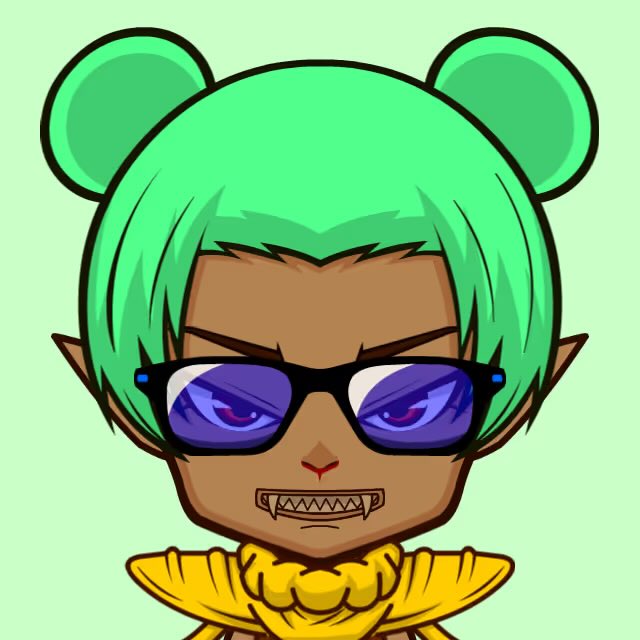 A cartoon avatar of a character with green hair in twin buns, dark skin, pointed ears, purple-tinted sunglasses, sharp fangs, and a gold collar.