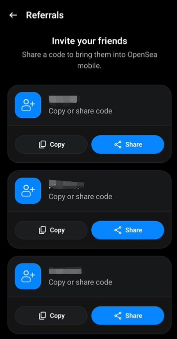 OpenSea mobile referrals page showing 'Invite your friends' with three referral code options, each featuring Copy and Share buttons.