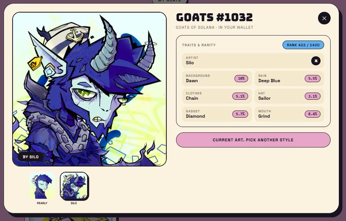 A digital collectible interface showing 'GOATS #1032' with traits listed including Artist 'Silo', Background 'Dawn', Skin 'Deep Blue', Clothes 'Chain', Hat 'Sailor', Garset 'Diamond', and Mouth 'Grind'.