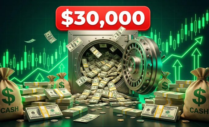 A cartoon-style graphic features a massive open vault overflowing with stacks of cash and money bags labeled "CASH," set against a green background showing rising candlestick charts and upward arrows, with a red banner at the top displaying "$30,000." The image reinforces the post's promised giveaway by visualizing the $30,000 prize as a vault full of money, designed to entice XRP holders to engage with the post.