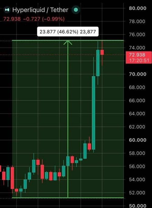 A candlestick chart of Hyperliquid (HYPE) against Tether (USDT) shows the token's dramatic price action, marked by a +46.62% gain on a single candle from approximately $51 to $73.93, visually confirming the post's claim of a nearly 50% August surge for HYPE.