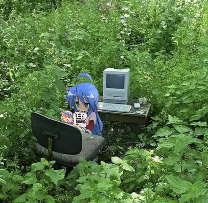 The image features a girl sitting inside an office chair, surrounded by a computer desk with a desktop computer monitor and keyboard. The girl appears to be reading something or working on her laptop while seated comfortably in the chair. The scene takes place in what seems to be a forest setting, adding a unique atmosphere to the image. The post suggests that there might be a connection between the girl's actions and the post's title "Its hard to expect future But gut feeling next cycle will be doge pump Like xrp pump last cycle".