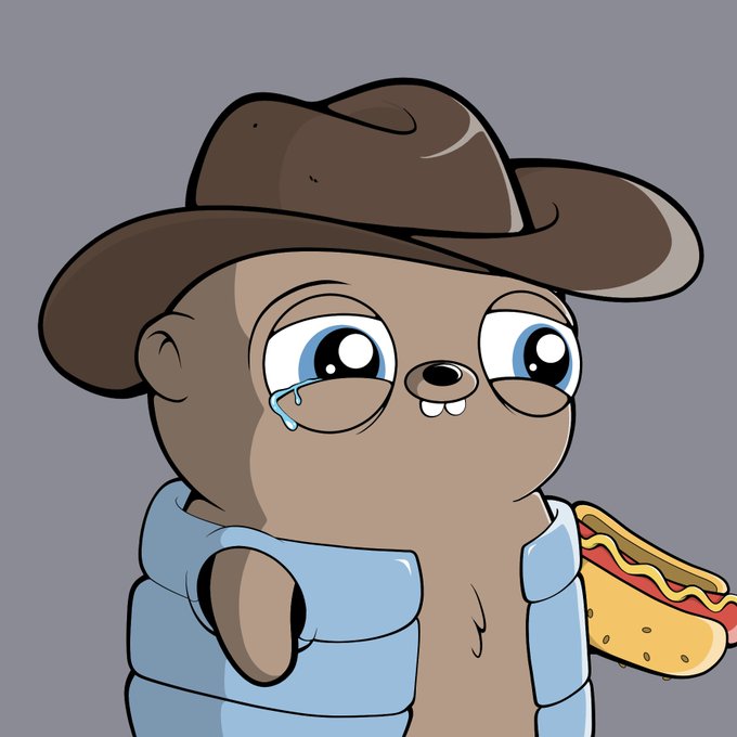 A variation of the cartoon pug character wearing a brown cowboy hat, with a tear in its eye, holding a hot dog.