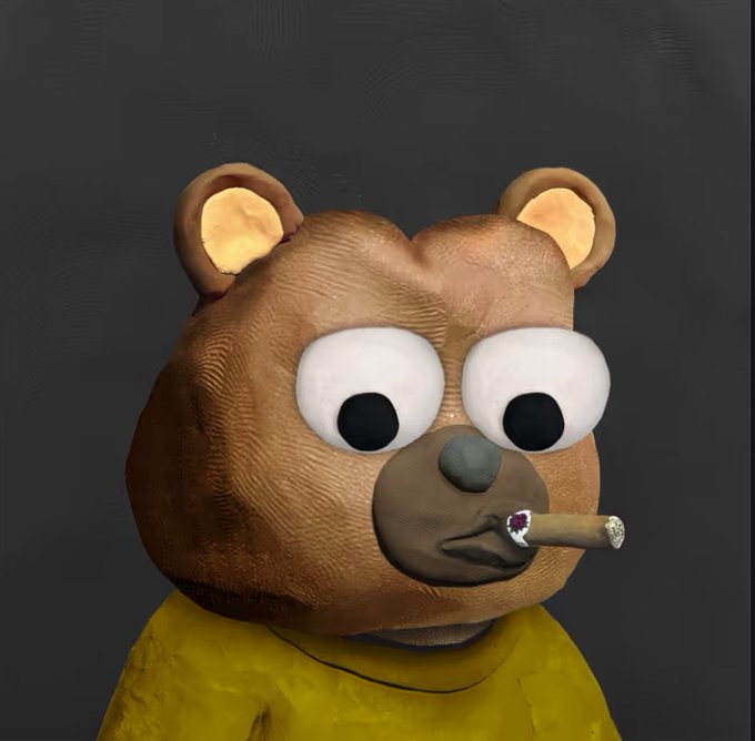 A 3D rendered character resembling a brown bear with large googly eyes, wearing a yellow shirt, and smoking a cigar against a dark gray background.