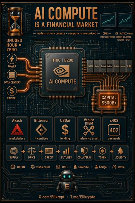 An infographic titled 'AI COMPUTE IS A FINANCIAL MARKET' depicts AI chips like H100 and B200 alongside elements like power, data centers, and capital, highlighting companies like Akash, Bittensor, USDAI, Venice DIEM, and x402.