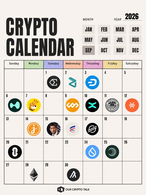A 'CRYPTO CALENDAR' graphic for September 2026 from Our Crypto Talk, displaying various crypto project logos on their respective mint or event dates.