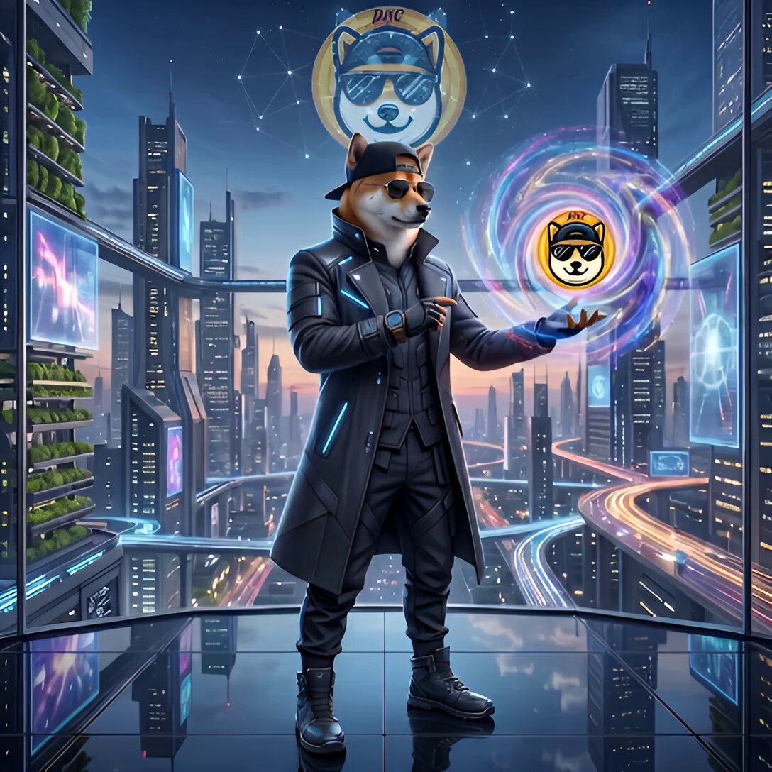 The image features a man dressed in all black, standing in front of a city skyline. He's holding up a coin that has a dog character on it. The caption for this image reads "The trick is making the complex look easy and stylish. Flowing with the right energy at @DogeHeadcoin. Have a great day everyone!". This post seems to be promoting a Dogecoin-related project or event, as indicated by the reference to the coin in the image.