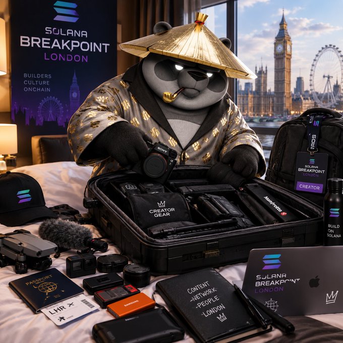 A panda wearing a straw hat packs tech gear labeled "Solana Breakpoint London" and "Creator Gear" while overlooking Big Ben, alongside items like a MacBook, DJI drone, passport, and LHR flight tag, symbolizing a well-deserved journey and rest. The scene ties the heartwarming message of self-acceptance to the excitement of traveling to London for the Solana Breakpoint event.