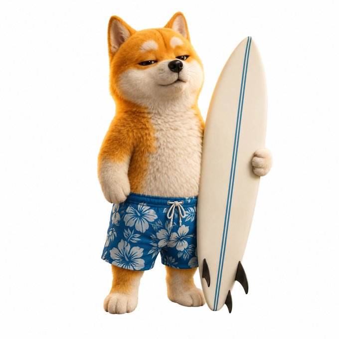 The image features a cartoonish dog standing upright, wearing blue shorts with white flowers on them. The dog has its eyes closed and appears to be smiling or squinting at something out of frame. It's holding a surfboard under one arm while the other arm is raised in the air. The background of the image is plain white, which makes the colorful elements of the dog's outfit stand out even more.