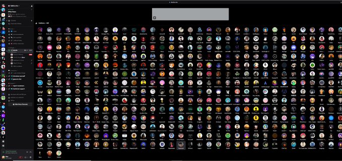 A screenshot of a Discord-like interface showing a large server with hundreds of colorful circular icons/avatars arranged in a grid against a dark background.