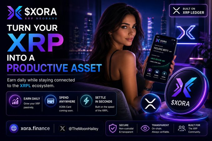 A promotional banner for $XORA (XRP Neobank) features a woman holding a smartphone displaying a balance of "123,552,857.1 XRP" alongside text reading "Turn your XRP into a productive asset" and highlighting features like earning daily, spending anywhere, and settling in seconds on the XRPL ecosystem. The image supports the accompanying post by visually showcasing the platform's benefits through its "Earn, Spend, Grow" service offerings and the prominent display of the $XORA ticker.