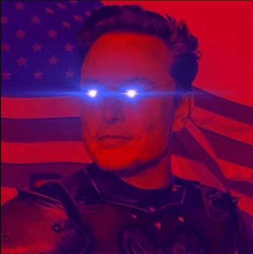 A stylized image featuring a man with glowing blue eyes against a red-tinted American flag background, giving a dramatic, cinematic appearance.