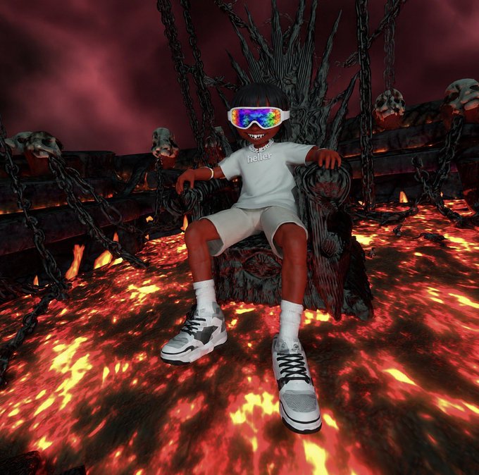 A 3D-rendered character with rainbow ski goggles, a white 'heller' shirt, and black and white sneakers sitting on a dark throne surrounded by a lava-filled hellish environment with chains.