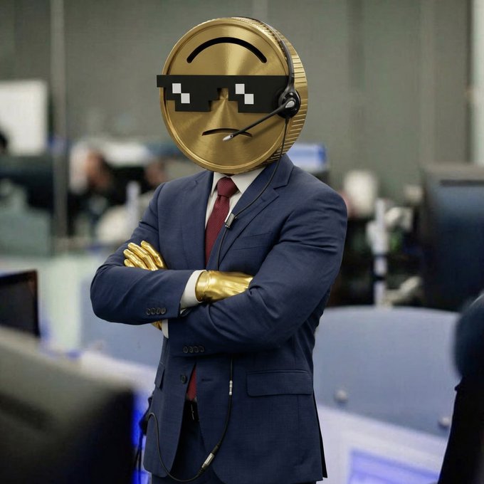 A surreal image of a person in a business suit with gold hands and a large gold coin (featuring pixelated sunglasses) as their head, wearing a headset and standing with arms crossed in an office setting.