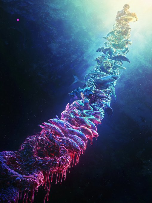 The image features a long, colorful line of fish that are arranged in ascending order from left to right. The fish are depicted with different colors such as pink, blue, green, and purple. They appear to be floating or swimming in space, creating an artistic representation of the food chain. The post about the food chain is related to this image by mentioning that it's now available on @objktcom for followers to "Keep Starwalking". This implies that viewers can engage with the content by leaving comments and sharing the post with others who are interested in learning more about the concept of the food chain.