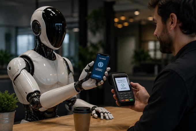 A humanoid robot and a man sit at a table exchanging payments via mobile devices displaying USDC transactions.