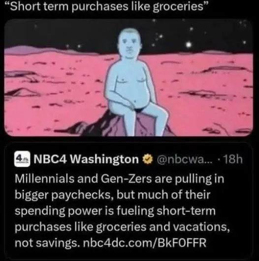 This image humorously illustrates an NBC4 Washington tweet about Millennials and Gen-Z spending their larger paychecks on short-term purchases like groceries and vacations rather than savings, related to the "Linn's Leverage #1052" post.