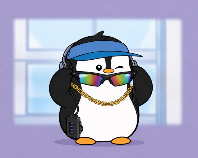A cartoon penguin winks while wearing a blue visor, rainbow shades, gold chain, and USB-powered headphones, channeling a hyped-up "rizzler" energy. The image perfectly matches the post's "Do you even Pudgy Penguins?" line, capturing the cheeky, cool-guy attitude the NFT collection is known for.