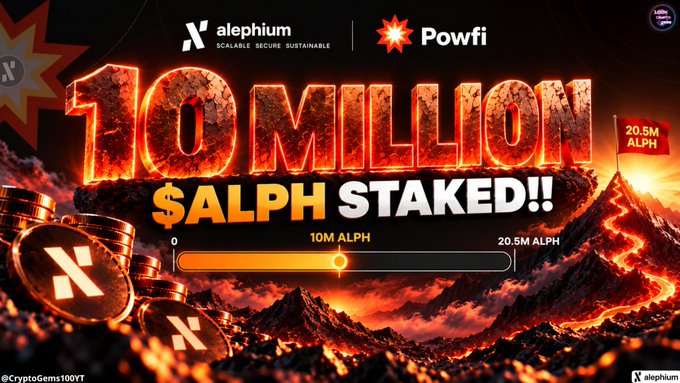 A promotional banner for Alephium and Powfi celebrating "10 MILLION $ALPH STAKED!!" featuring a volcanic mountain background, ALPH coins, and a progress bar showing 10M ALPH toward a 20.5M ALPH goal.