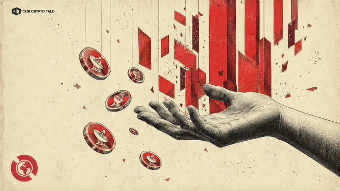 A stylized illustration from "OUR CRYPTO TALK" shows a hand reaching up as red XRP coins fall from above, with red text reading "XRP" in a fragmented, grungy design.