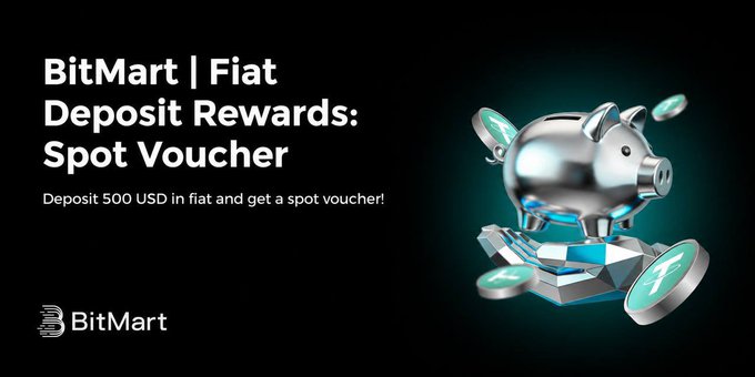 The image features a silver piggy bank sitting atop a stack of coins, with the text "bitmart.cool/activity/0608f" displayed above it. The image also includes a banner promoting a rewards program for BitMart users. The program offers various rewards such as cashback on fiat currency and discounts on purchases through the BitMart website or other platforms.