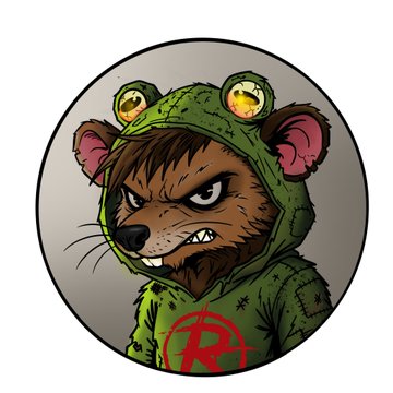 A digital illustration of an angry-looking brown rat wearing a green frog hoodie, presented in a circular frame.