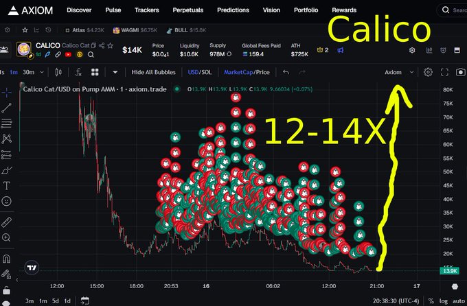 An Axiom trading platform chart for 'Calico Cat' token with a 13.9% price change, showing bubbles indicating market activity and handwritten yellow annotations 'Calico 12-14X' with an upward arrow.