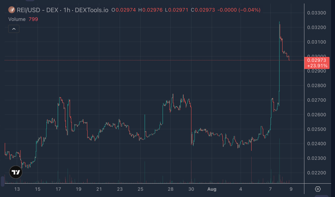 A TradingView candlestick chart for REI/USD-DEX on DEXTools showing a sharp price spike to 0.02973 (+23.91%) with volume of 799.