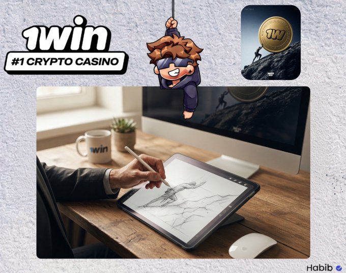 A promotional graphic for '1WIN #1 CRYPTO CASINO' featuring a person drawing on a tablet at a wooden desk with an iMac, alongside anime characters and the 'Habib' logo.