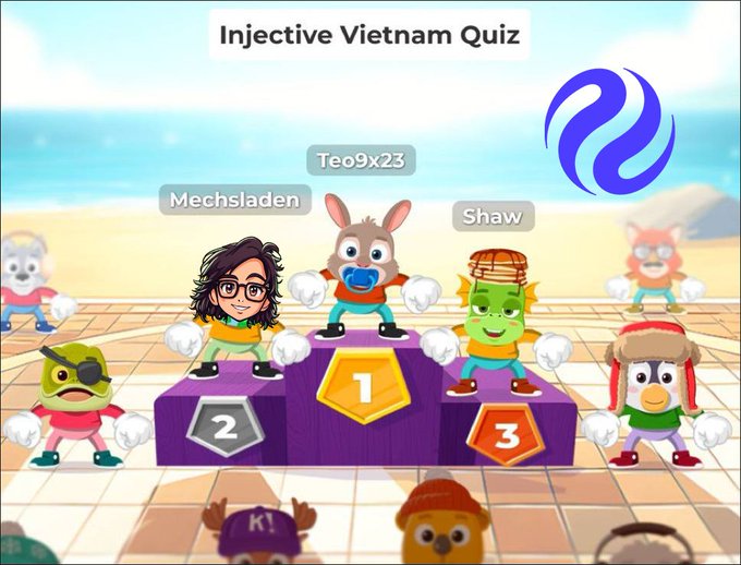 A virtual podium scene titled "Injective Vietnam Quiz" shows three cartoon characters on a 1-2-3 podium, with the avatars labeled "Mechsladen" (2nd place), "Teo9x23" (1st place), and "Shaw" (3rd place), accompanied by the Injective logo in the corner. The image celebrates the team's quiz performance despite a tough day in the crypto market, where BTC dropped to around $58,000 and triggered $500M in futures liquidations.