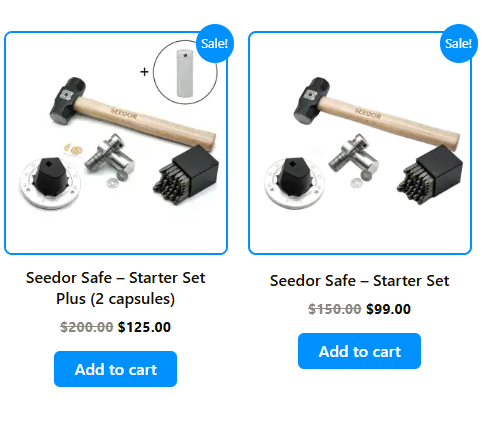 An e-commerce page showing two 'Seedor Safe - Starter Set' options for sale, priced at $125.00 (originally $200.00) and $99.00 (originally $150.00), featuring a hammer, safe, and other components.
