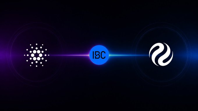 A graphic displays the Cardano logo connecting through an 'IBC' hub to another circular logo, representing a blockchain interoperability bridge.