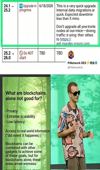 The image shows a man wearing sunglasses standing next to a green screen with white text that reads "What are blockchains alone, good for?". The man appears to be giving a speech or presentation about blockchain technology.