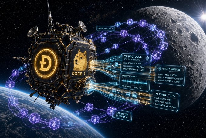 A digital art piece depicting a Dogecoin-themed satellite ('DOGE-1') in space, displaying a Shiba Inu image and Dogecoin logo, connected to blockchain networks with HUD-style interface elements.