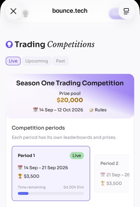 A mobile screenshot of bounce.tech's Trading Competitions page, showing a 'Season One Trading Competition' with a $20,000 prize pool running from September 14 to October 12, 2026.