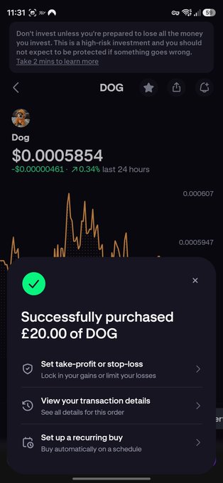 A mobile trading app screenshot showing a successful purchase of £20.00 of DOG cryptocurrency, with the current price at $0.0005854, a 0.34% decrease in the last 24 hours, and options to set take-profit/stop-loss, view transaction details, or set up a recurring buy. The image directly supports the post by visually confirming the recent DOG purchase mentioned, while the post provides additional context about the user's larger cold wallet holdings and exchange inventory.
