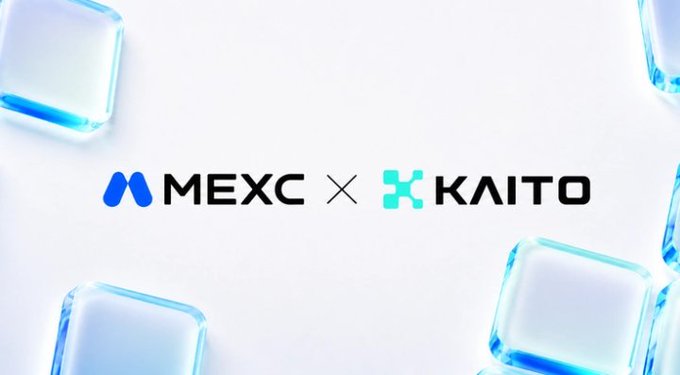 The image features a promotional graphic displaying the MEXC and KAITO logos with an "X" between them, set against a white background with translucent blue ice cubes framing the edges. This appears to support a post about MEXC Stock Futures and trading market volatility, though the KAITO branding visible in the image suggests the graphic may actually relate to a partnership announcement between MEXC and KAITO rather than stock futures trading.