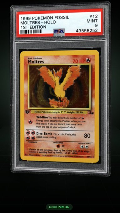 A PSA-graded 1999 Pokemon Fossil 1st Edition Moltres Holo card, rated Mint 9, displayed in its protective case with the label "UNCOMMON."
