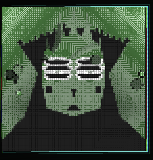 A pixel-art and circuit-board style digital portrait depicts a figure wearing dark sunglasses, rendered in green, black, and white with intricate tech-inspired patterns.