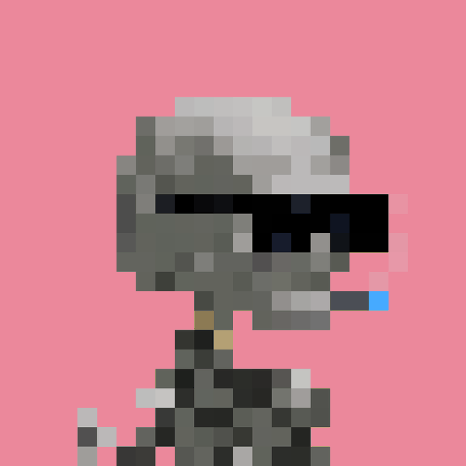 A heavily pixelated image on a pink background showing what appears to be a figure wearing a helmet, possibly from a video game.