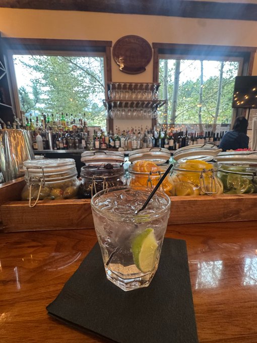 A gin and tonic cocktail with a lime wedge sits on a bar napkin in front of jars of garnishes, with a full bar of liquor bottles and windows in the background.