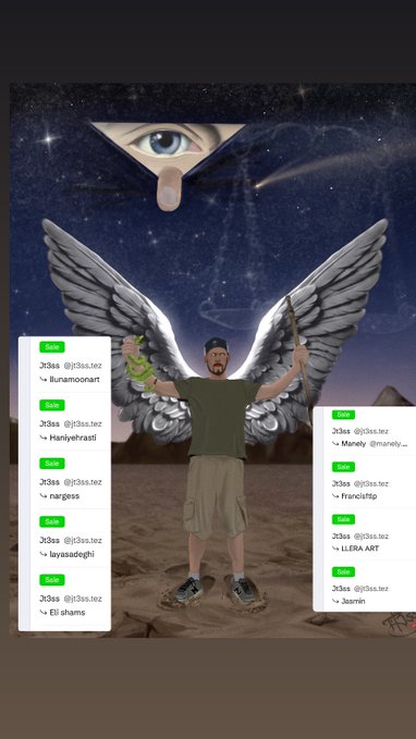 A digital avatar with large white wings stands in a desert landscape under a starry sky with an 'all-seeing eye' above, surrounded by social media usernames like '@i3ss.tez'.
